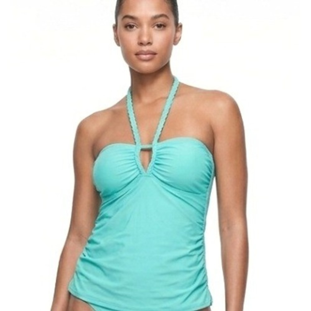 Liz‎ Lange Maternity Tankini Top Women XXL Teal Braided Halter Ruched Swimwear